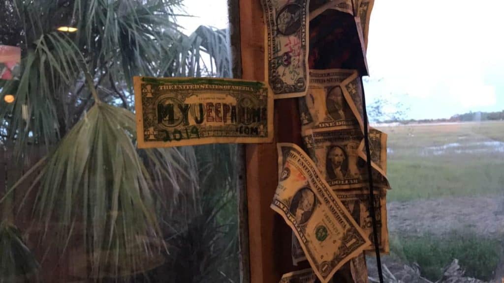 dollar bills at Johnson Creek Tavern, Hunting Island State Park SC Food and Eating