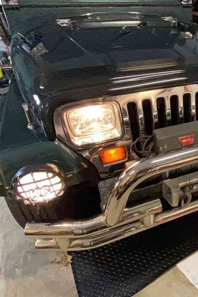 Jeep Wrangler YJ Sahara with square headlights, warn winch, chrome bumper, and KC foglights #Jeep #Wrangler #JeepYJ