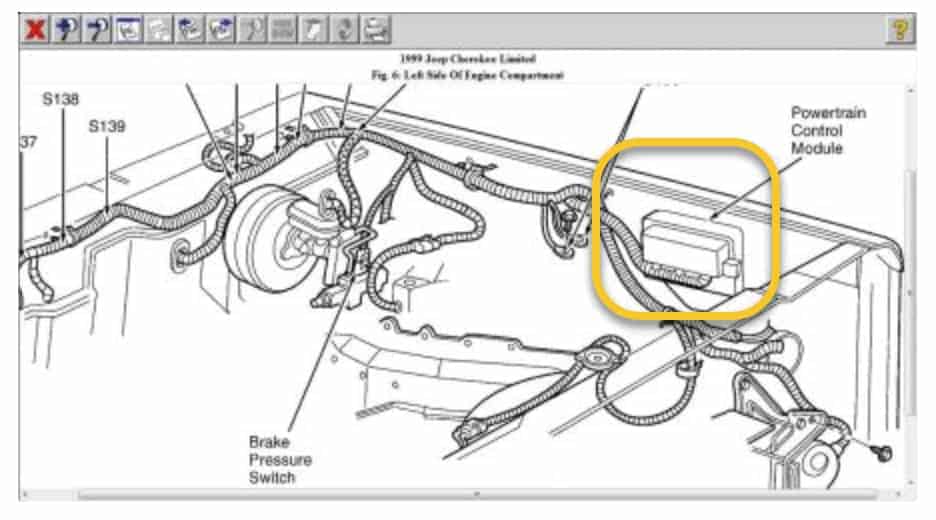 1993 Jeep Cherokee Powertrain Control Module (PCM) location photo