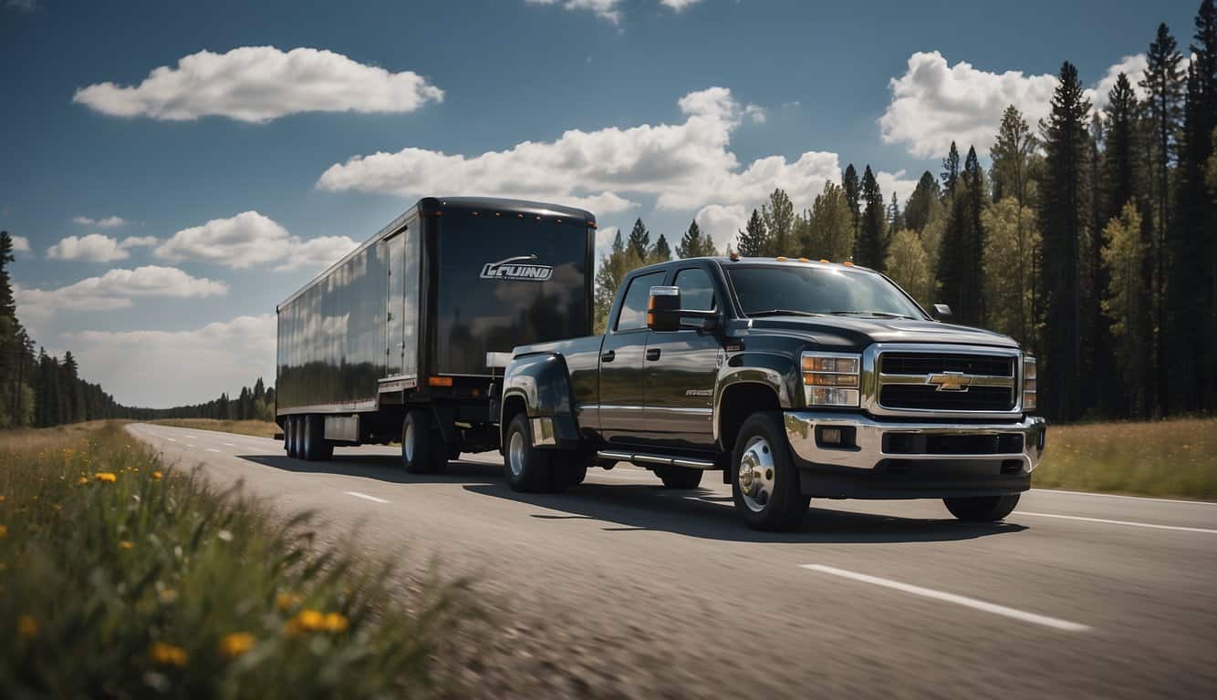Will A Leveling Kit Affect Towing? 1 A truck with a leveling kit hitched to a trailer, towing a heavy load on a flat road