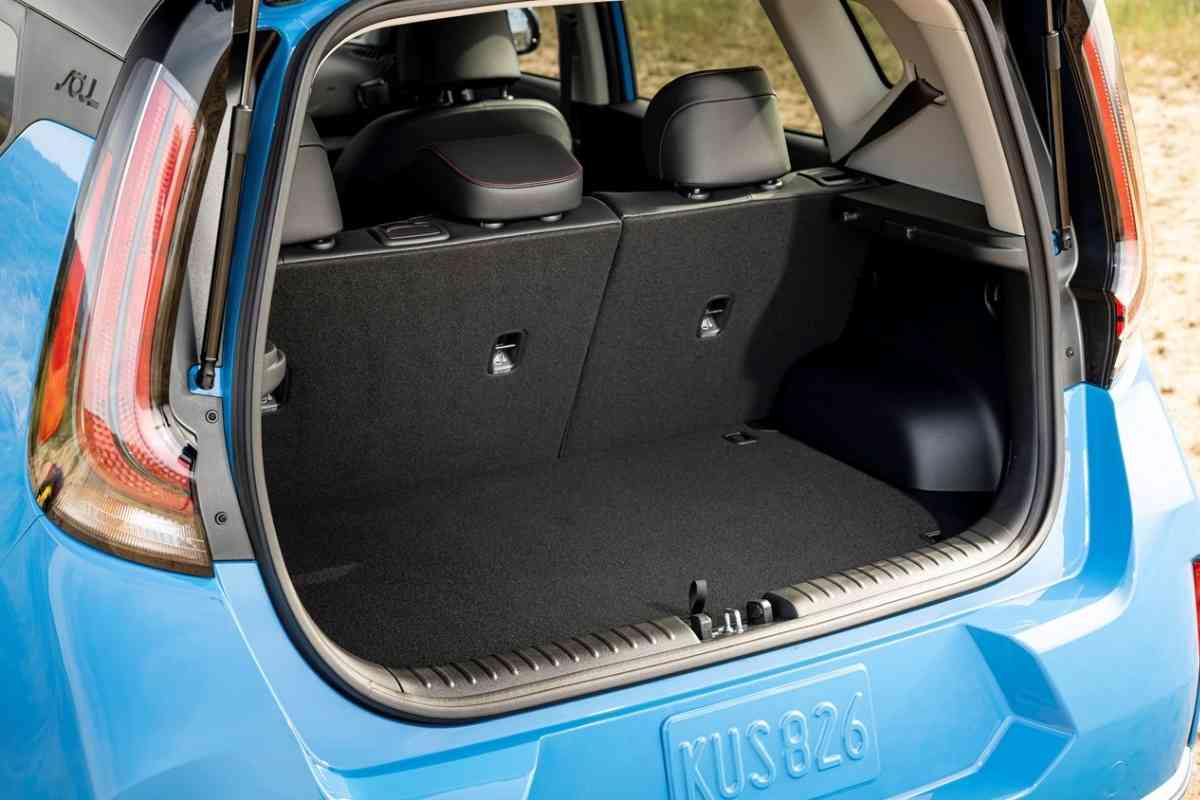 Image for: can you take the back seats out of kia soul shows the  back of a light blue Kia Soul

