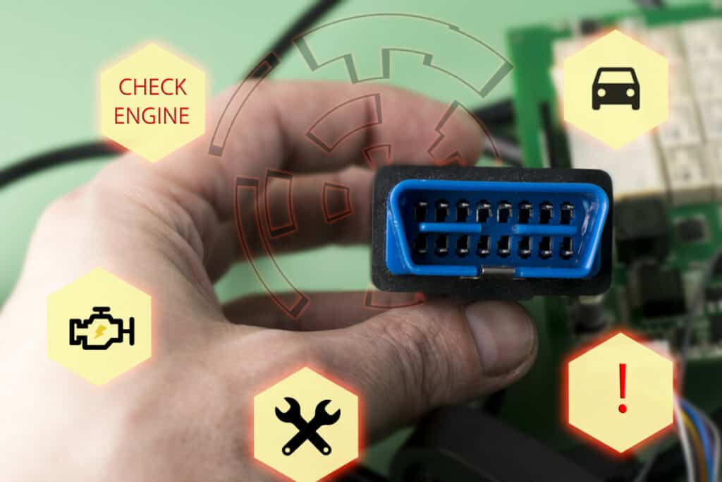 Image for: best OBD2 scanners for Jeep Wrangler enthusiasts shows a hand holding an OBD2 scanner, with several symbols pasted on top