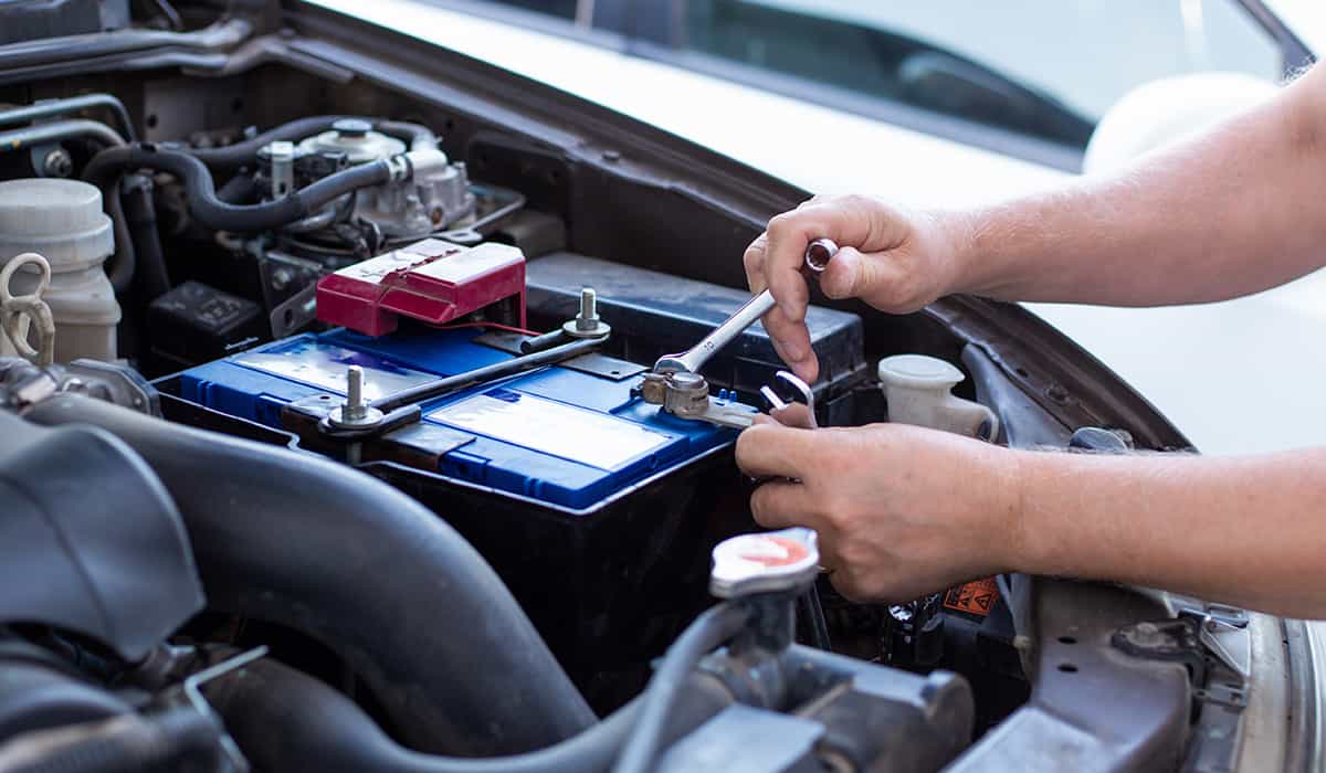 Close up of car battery installation 