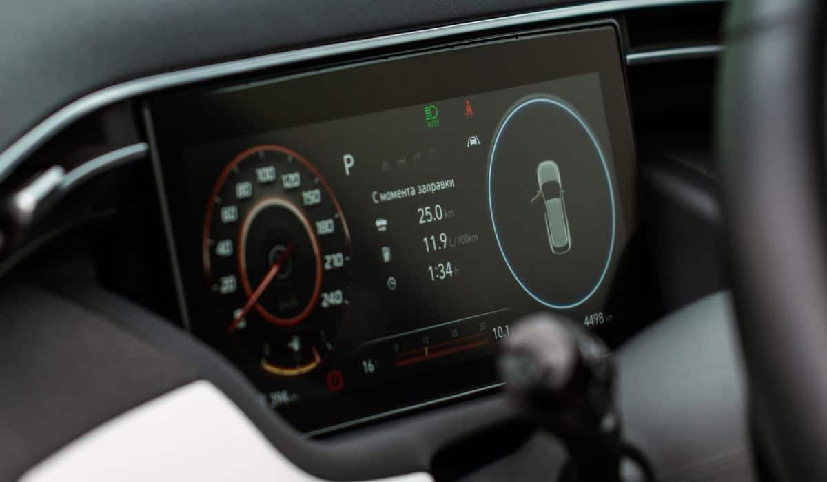 Close up view of a digital speedometer in a car