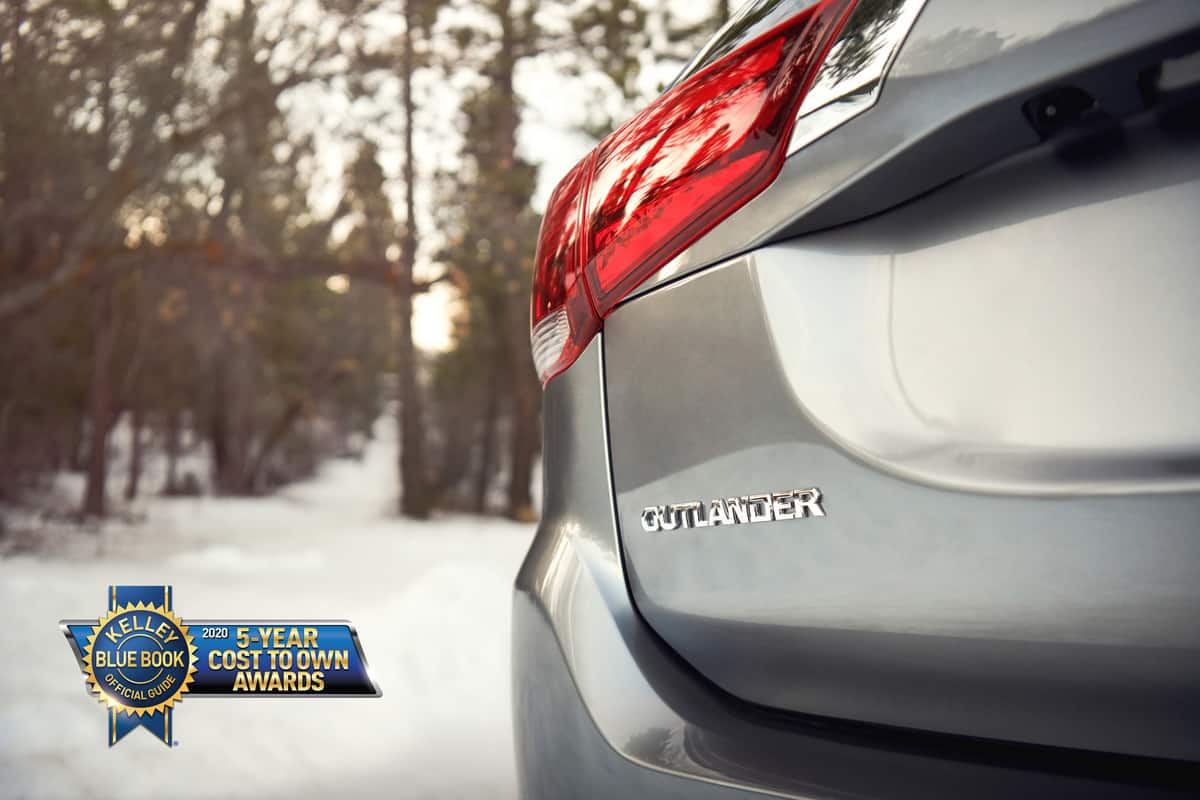 Image for "Best years for the Mitsubishi Outlander" shows the rear end of a gray Outlander in a snowy background