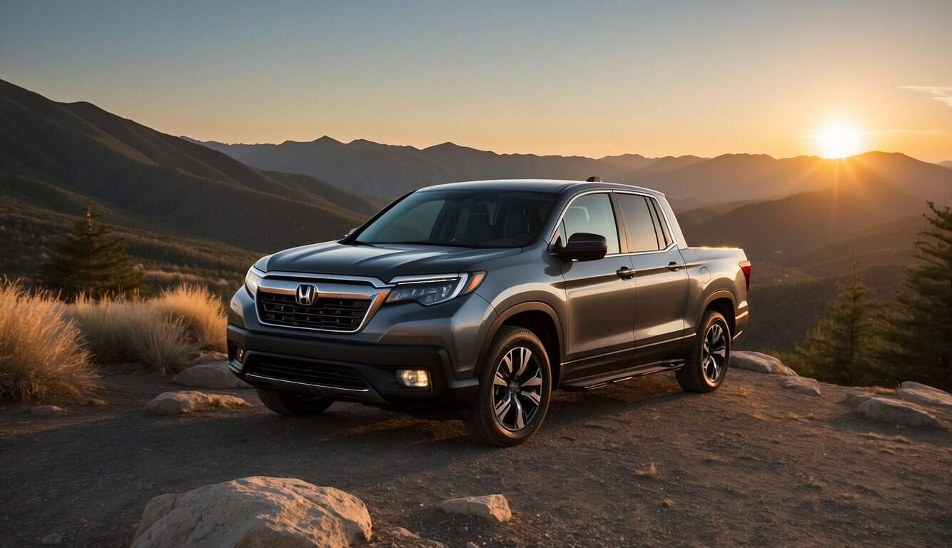 Honda Ridgeline Review: Unveiling The 2024 Model'S Features And Performance 2 A Honda Ridgeline parked on a scenic mountain overlook, with the sun setting in the background, casting a warm glow over the rugged terrain