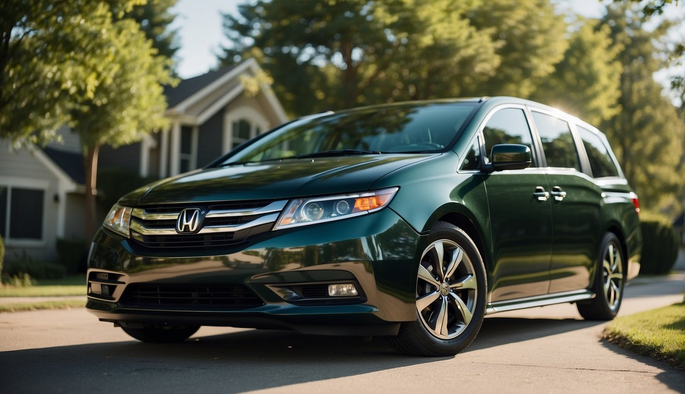 Honda Odyssey Review: The Family-Friendly Minivan 3 A Honda Odyssey parked in a suburban driveway, surrounded by green trees and a clear blue sky
