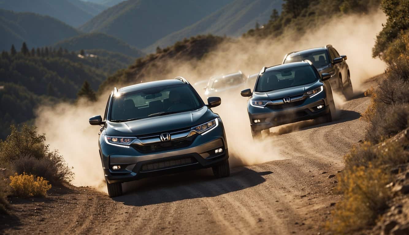 Honda Cr-V Models: Uncovering The Latest Innovations 2 A fleet of Honda CR-Vs racing on a winding mountain road. The sleek, powerful vehicles zoom around curves, kicking up dust and leaving a trail of excitement in their wake
