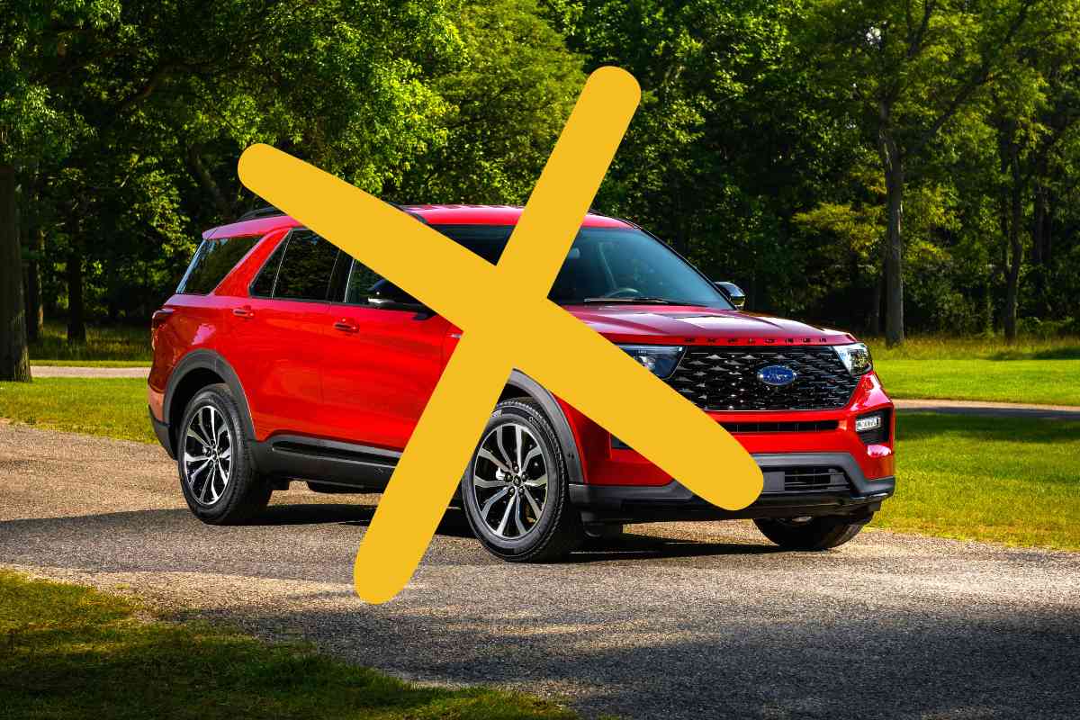Cover image for" SUVs to avoid buying", shows a red Ford Explorer with a yellow cross over it. 