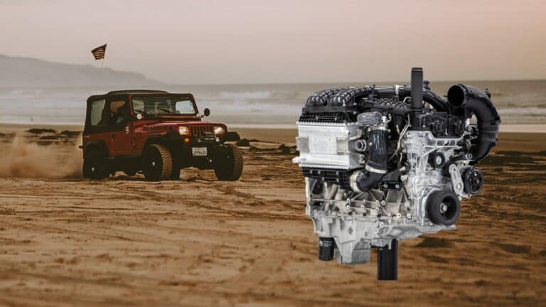 photo of a Jeep YJ with an AMC I-6 motor plus the overlay of a new Hurricane I-6 motor from Jeep.