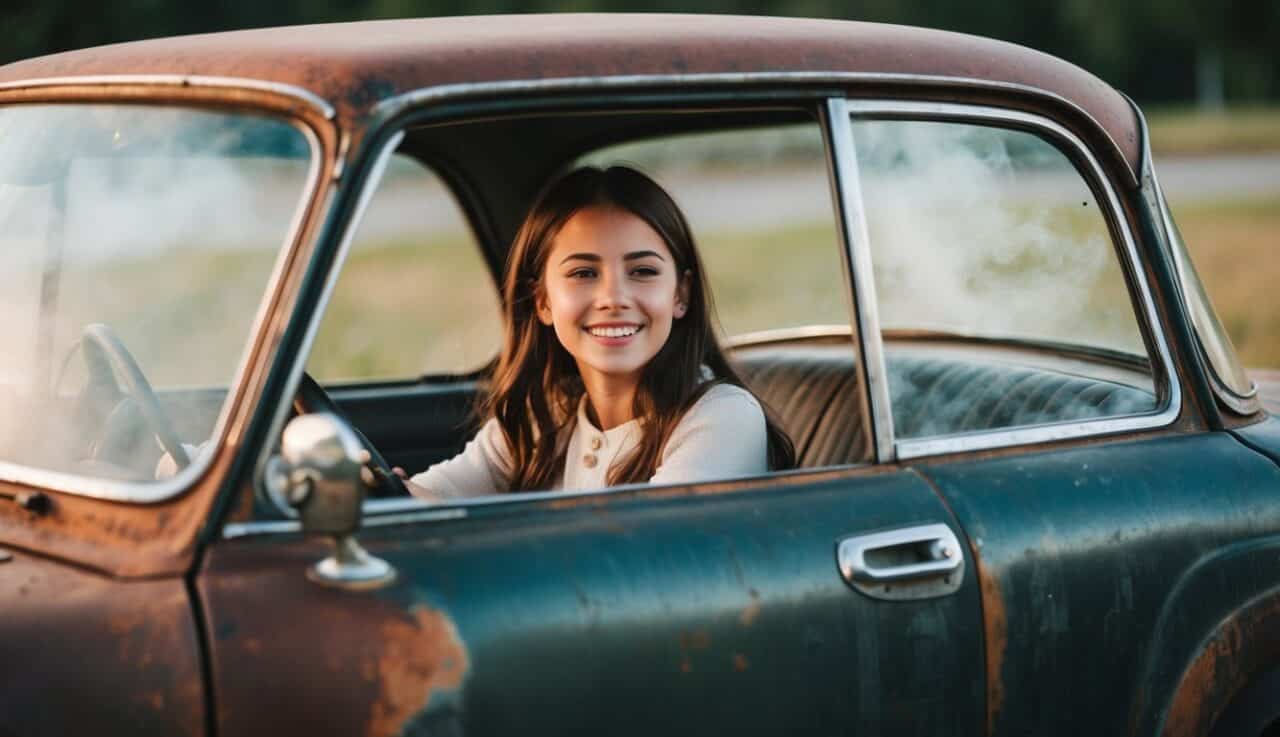 photo of a girls sitting is a rusty old car but she is smiling because she has something to drive.