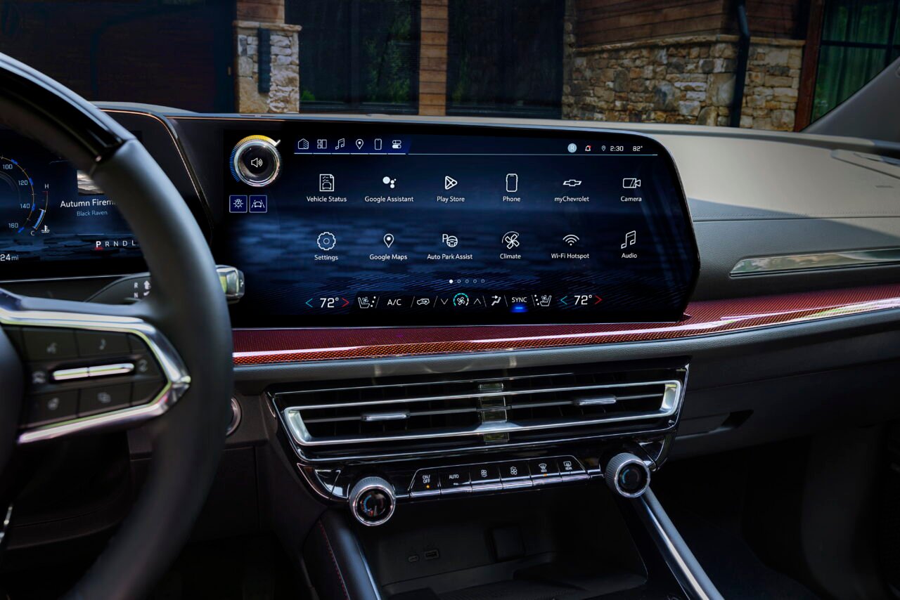 View of best-in-class standard 17.7-inch-diagonal infotainment screen in 2024 Chevrolet Traverse RS. Preproduction model shown. Actual production model may vary.