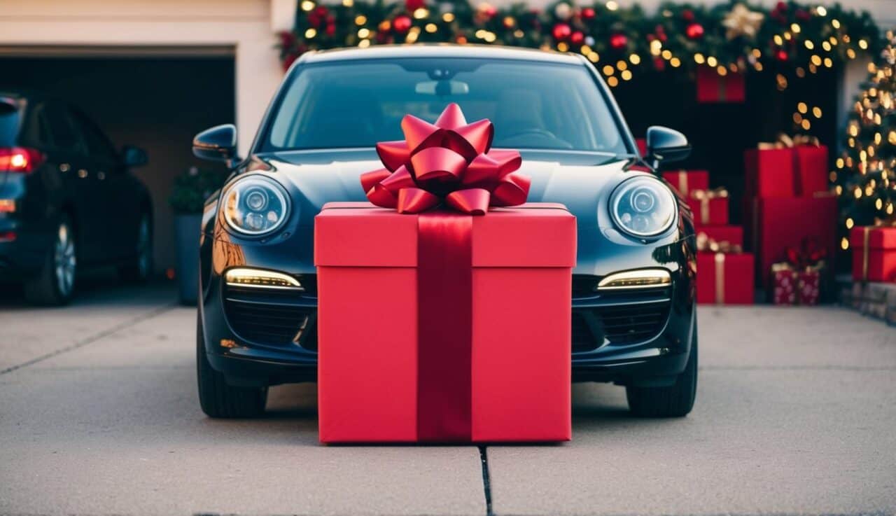 photo of a car with a gift box in front of it.