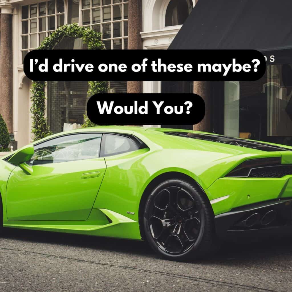 photo of a green lamborghini parked on the street in front of a store