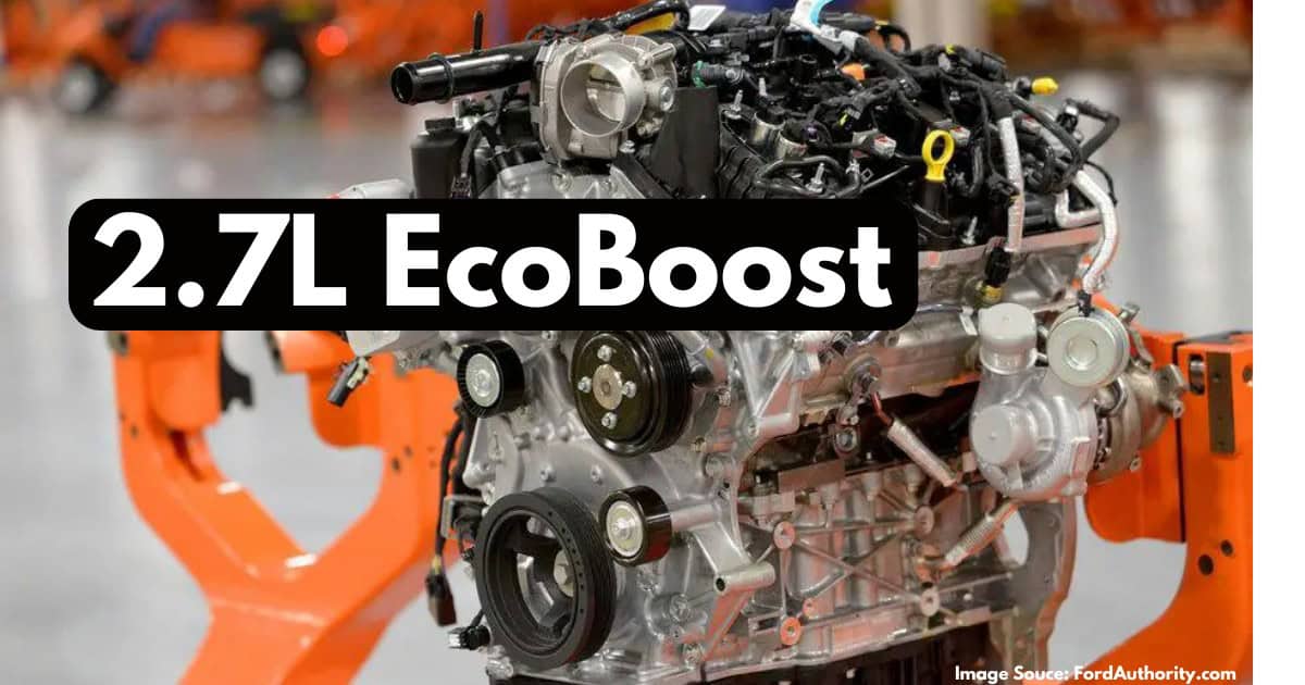 photo of a Ford 2.7L EcoBoost motor sitting on an engine stand