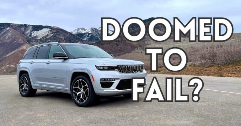 photo of a Jeep vehicle, produced by Stellantis with the words Doomed to Fail after Stellantis saw a 70% drop in net profits