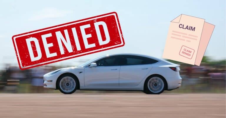 photo of a tesla with an image of a denied insurance claim