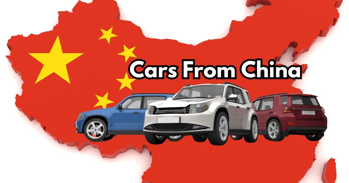 photo of three cars overlayed on an outline of China with the words Cars From China on it.