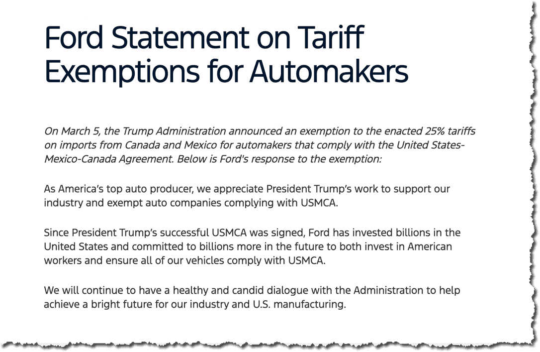 Ford Statement on Tariff delay 2025 03 05 19 42 57 Trump’s One-Month Tariff Exemption: A Quick Win for Automakers or Just a Tease?