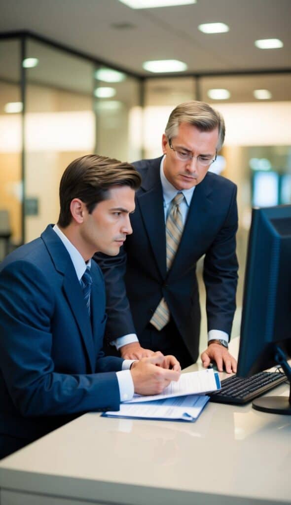 two bankers reviewing a car loan application inside of a bank