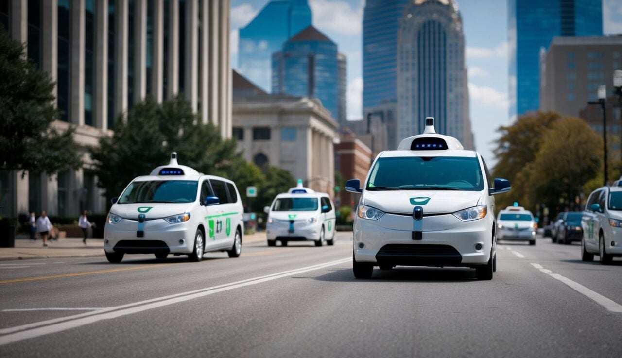 photo of driverless autonomous vans serving as taxis driving downtown Atlanta picking up passengers