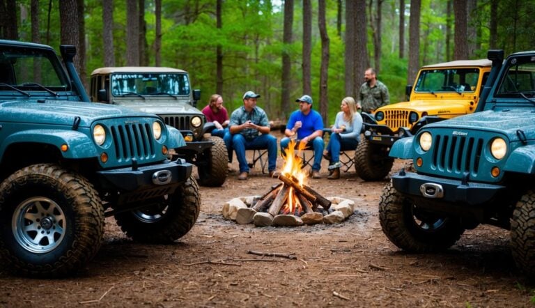 photo of Jeeps, ATVs, UTVs, side by sides around a campsite in the woods. These vehicles have been offroading and covered in mud. Now people have a camp fire and are relaxing and telling stories about their day of offroad fun.