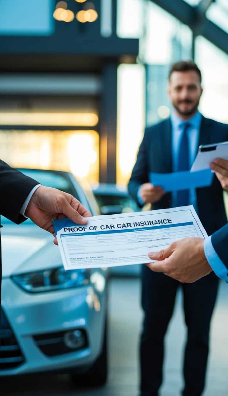 What To Bring When Buying A Car: Essential Checklist For A Smooth Purchase Experience 2 A person handing over a proof of car insurance document to a car dealer or salesperson