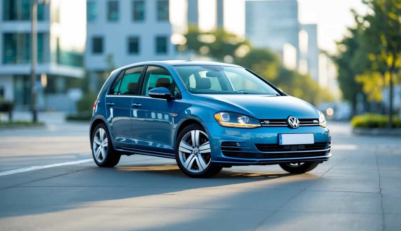 10 Best Used Cars For New Drivers Under $15,000: Safe, Reliable, And Easy To Drive Choices 3 A 2016 Volkswagen Golf parked on a city street with buildings and trees in the background.