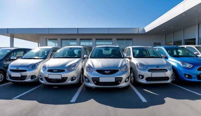 Five compact cars parked side by side in a dealership lot under a clear sky.