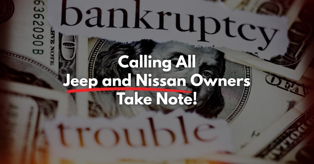 image of a newspaper saying backruptcy. Then overlay text says calling all Jeep and Nissan owners take note!