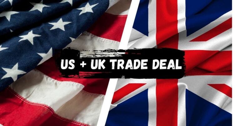 photo of the US and UK flags with the text US UK Trade Deal on top