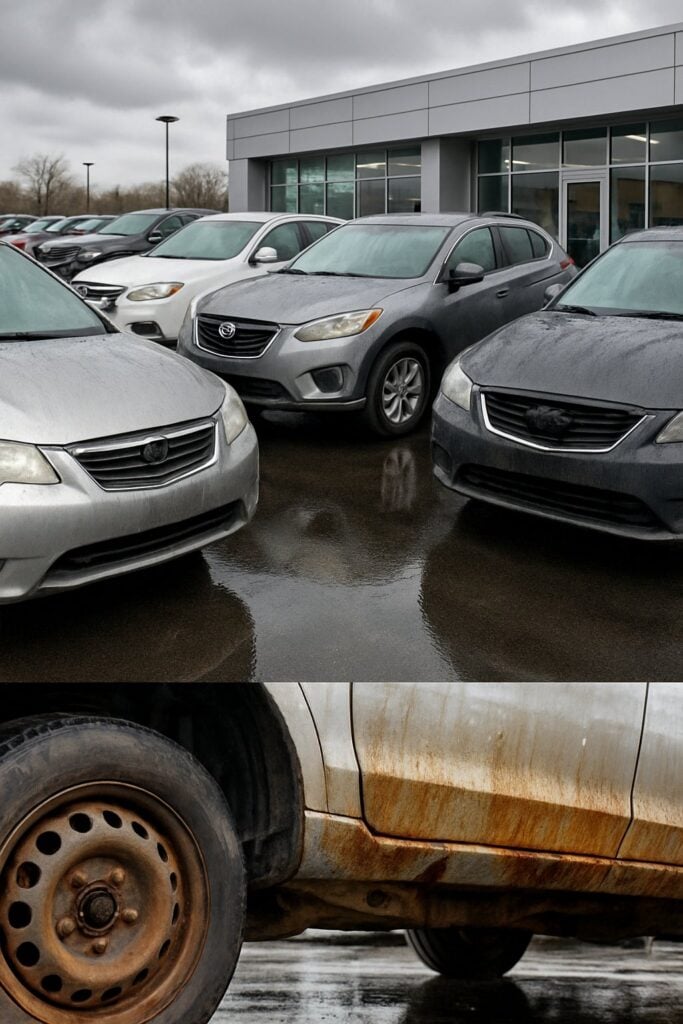 A used car dealership lot with several cars showing subtle signs of water damage on a wet, cloudy day.