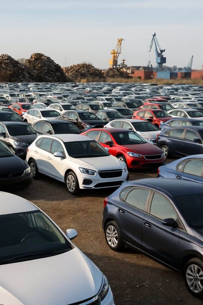What Happens To Cars That Never Get Sold? Inside Dealership Secrets 2 A large outdoor lot filled with rows of unsold cars, with scrap metal piles and shipping containers in the background.