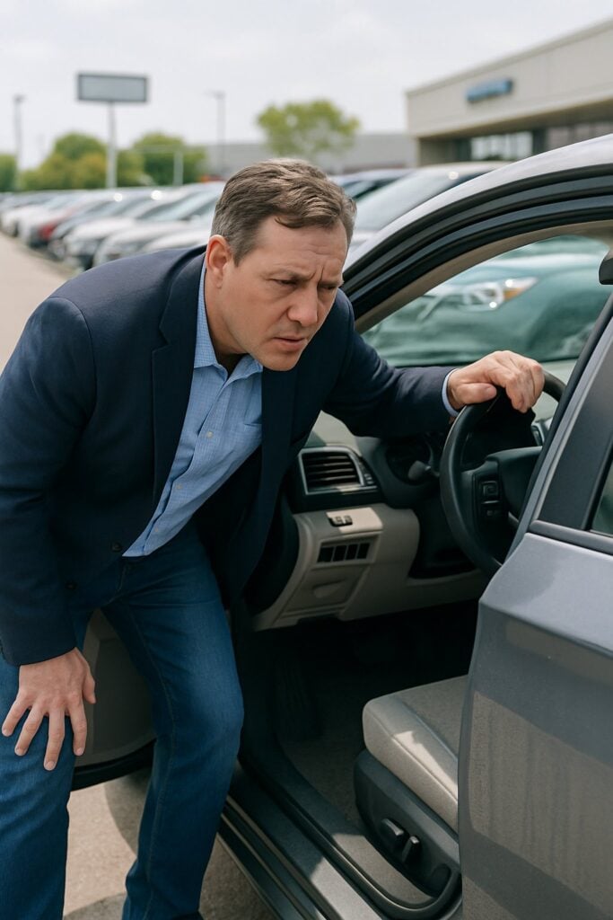 A man carefully inspecting a used car on a dealership lot, looking for signs of damage.