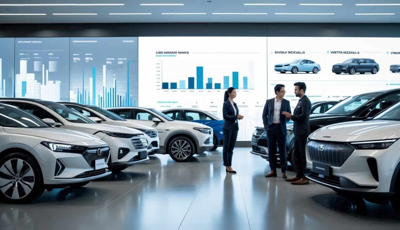 A car dealership showroom with various new vehicles and professionals discussing near them, with digital charts displayed in the background.