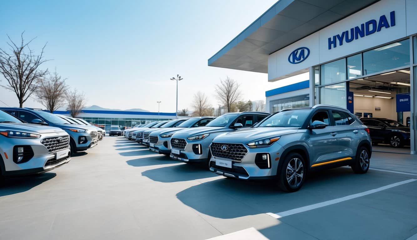 Car Manufacturers With The Most Active Recalls In 2025: The Shocking Leaders 3 A Hyundai and Kia car dealership with new cars parked outside and technicians working in a service center in the background.