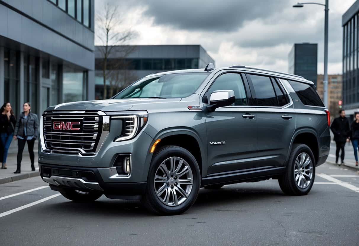 A GMC Yukon SUV parked on a city street with minor exterior imperfections and people walking nearby.