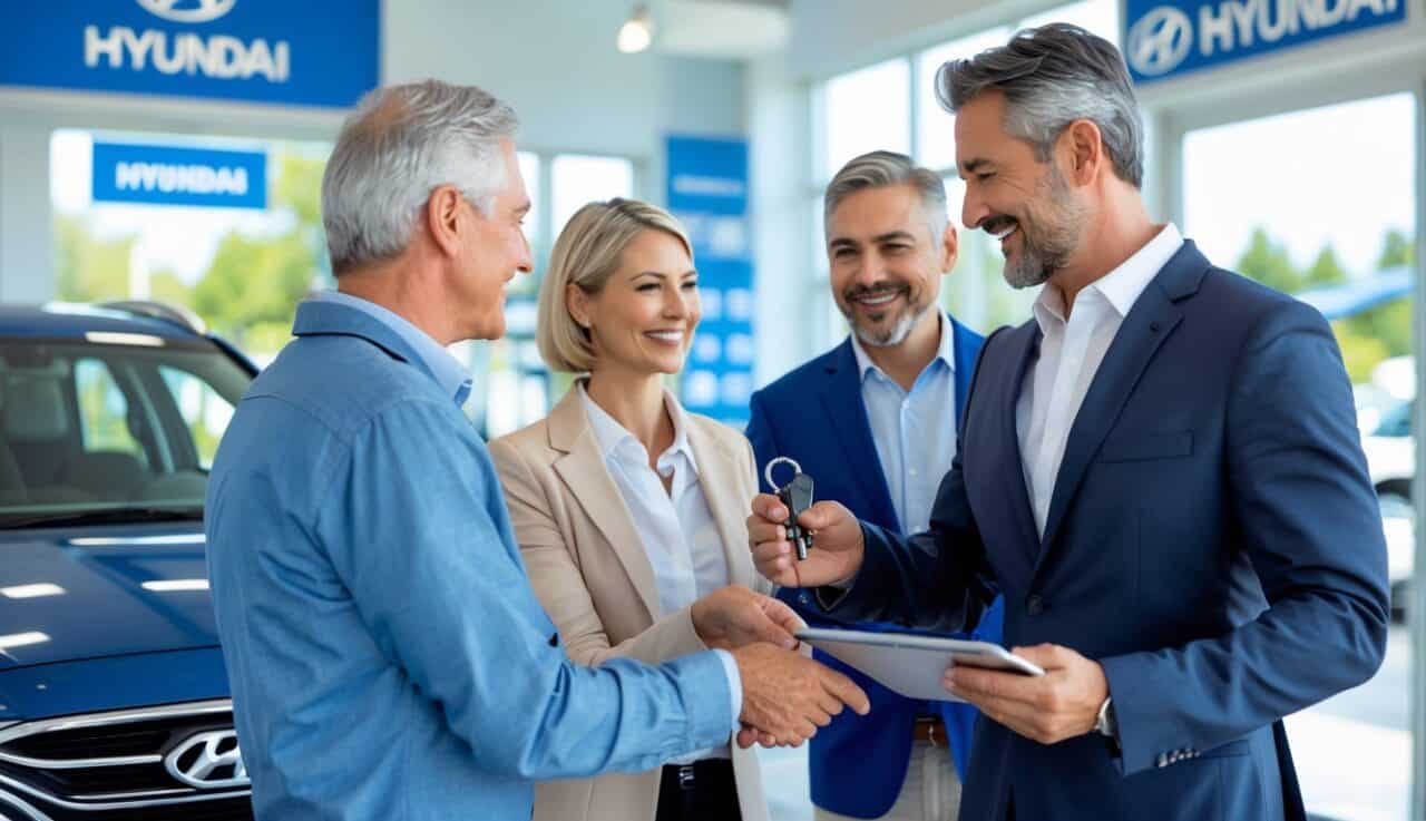 Do Hyundai Warranties Transfer? The Truth About Resale Protection 1 A couple handing over keys of a used Hyundai car to a buyer at a car dealership with a representative discussing paperwork.