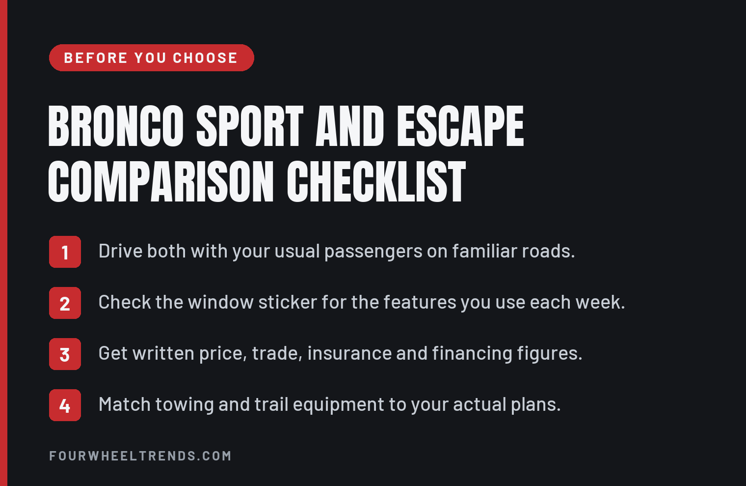 Bronco Sport and Escape comparison checklist with four steps, from driving both with your usual passengers to matching towing and trail equipment to your plans.