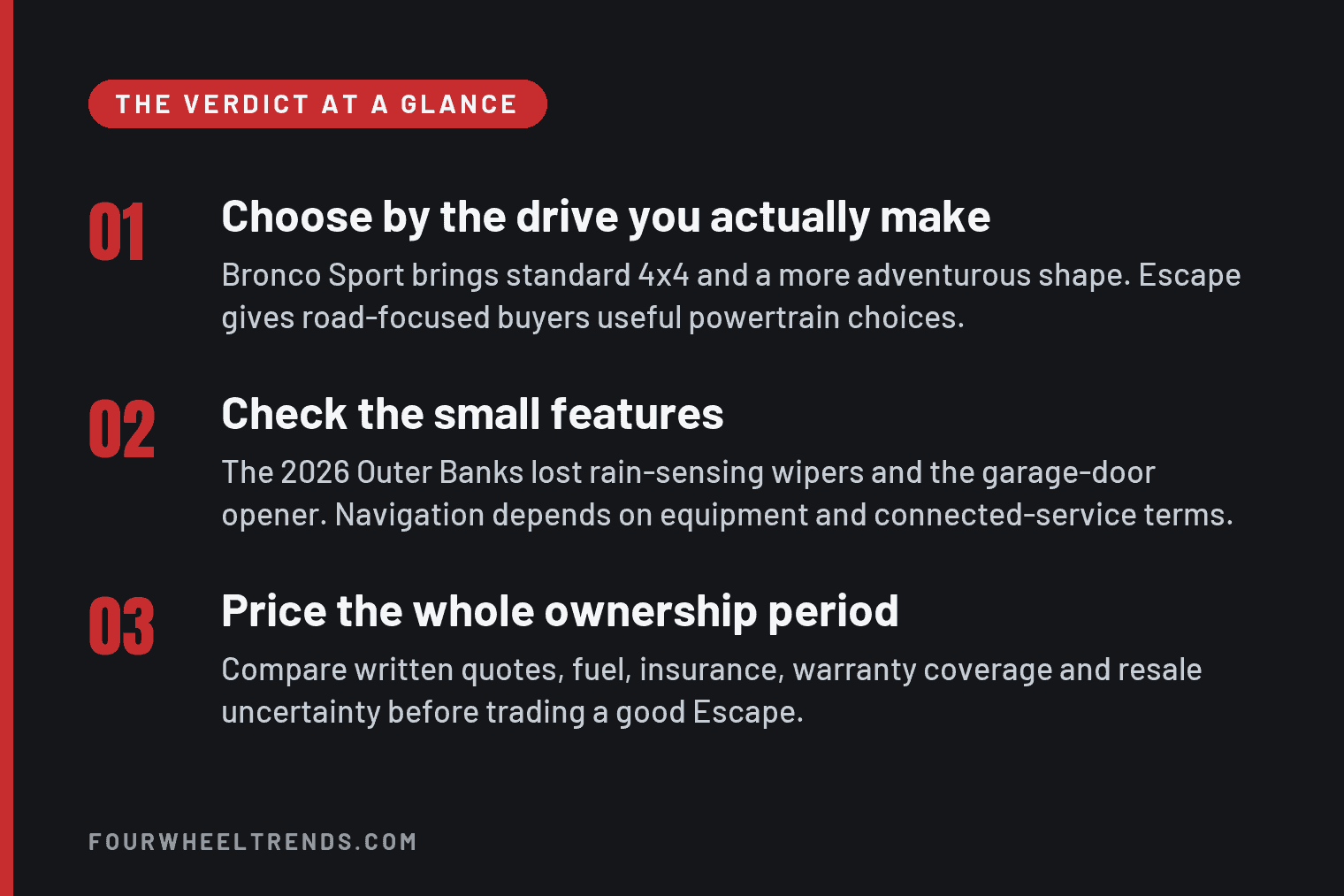 Verdict at a glance. Choose by the drive you actually make, check the small features the 2026 Outer Banks lost, and price the whole ownership period.