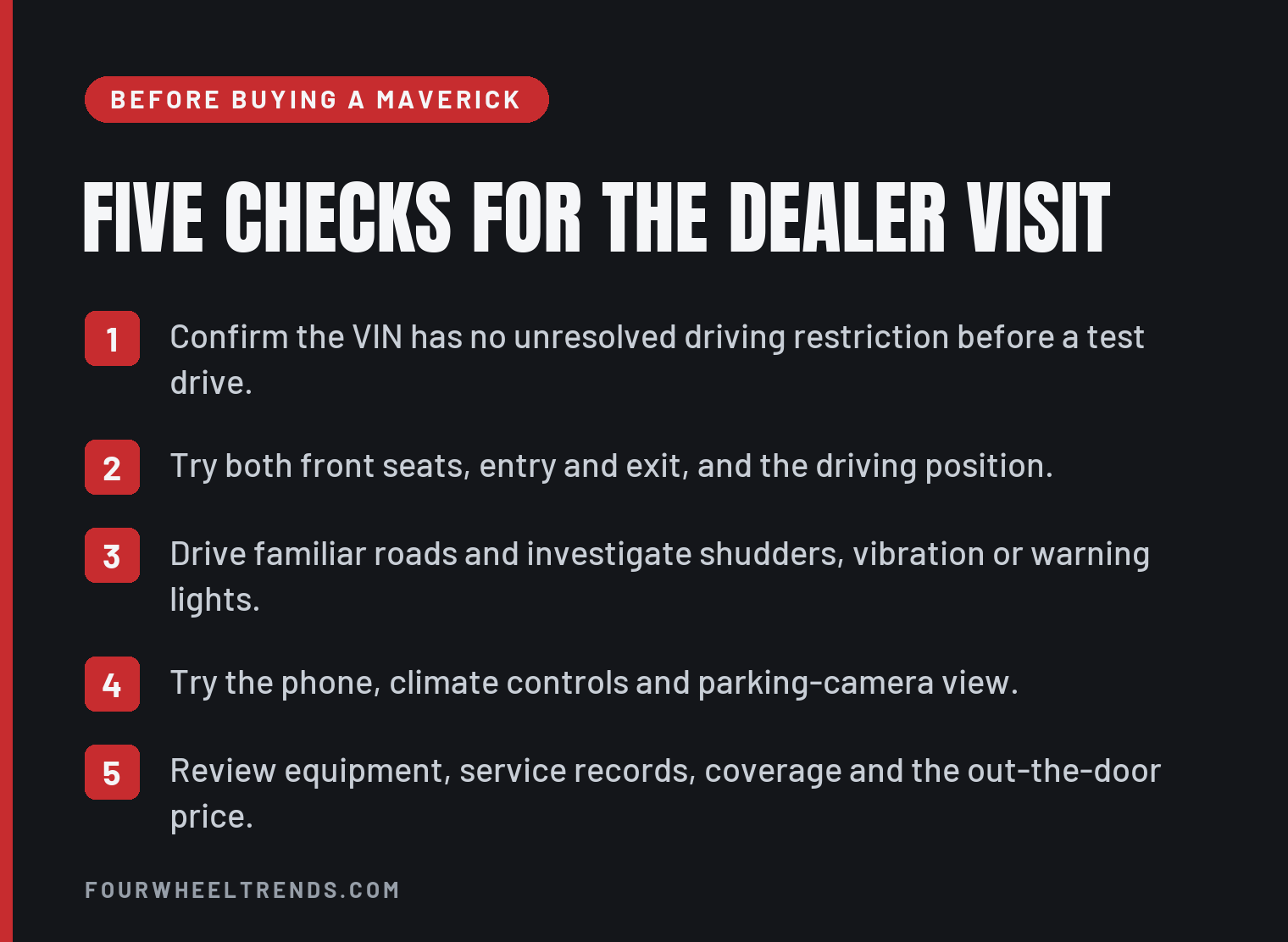 Five checks for the dealer visit: VIN restrictions, both front seats, driving symptoms, controls and purchase paperwork.