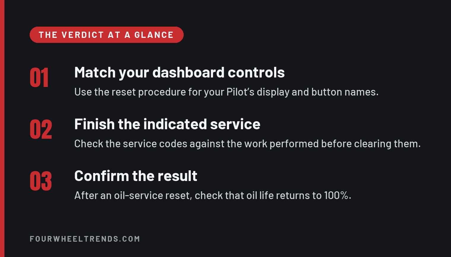 How To Reset The Maintenance Light On A Honda Pilot 1 Summary card with three points. Match your dashboard controls by using the reset procedure for your Pilot’s display and button names. Finish the indicated service by checking the service codes against the work performed before clearing them. Confirm the result, and after an oil-service reset check that oil life returns to 100%.