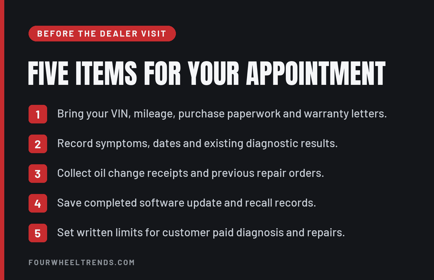 Will Hyundai Replace Your Engine? Check Coverage Before Paying 2 Before the dealer visit, five items for your appointment. Bring your VIN, mileage, purchase paperwork and warranty letters. Record symptoms, dates and existing diagnostic results. Collect oil change receipts and previous repair orders. Save completed software update and recall records. Set written limits for customer paid diagnosis and repairs.