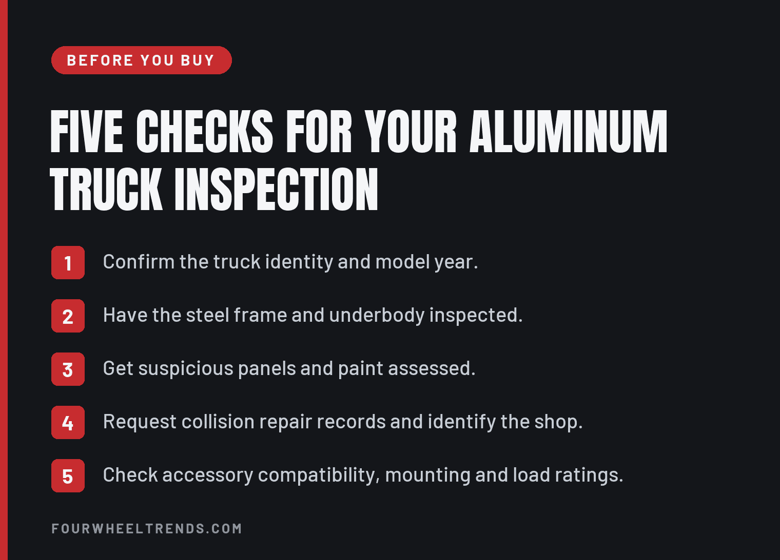 Before you buy, five checks for your aluminum truck inspection. Confirm the truck identity and model year. Have the steel frame and underbody inspected. Get suspicious panels and paint assessed. Request collision repair records and identify the shop. Check accessory compatibility, mounting and load ratings.